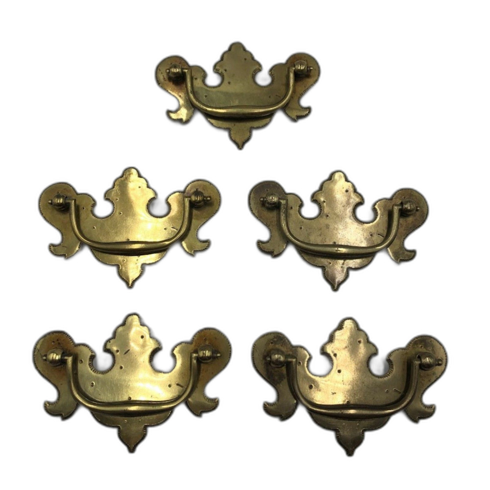 Vintage Lot of 5 Brass Dresser Drawer Pull Handles Ornate Patina/Aged Decorative